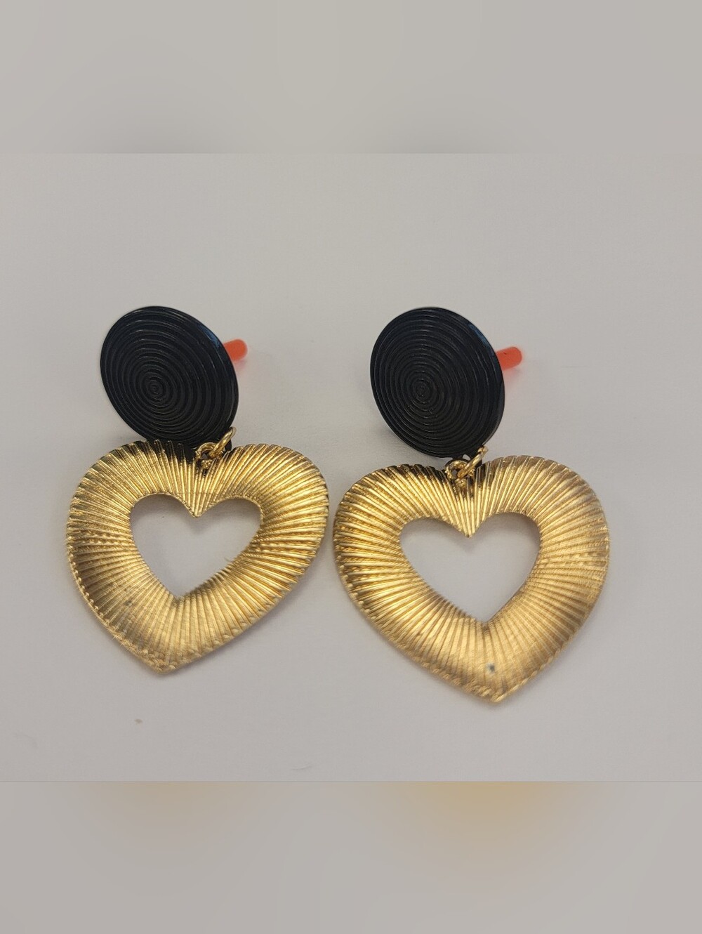 Gold Heart Drop Earrings with Black Studs